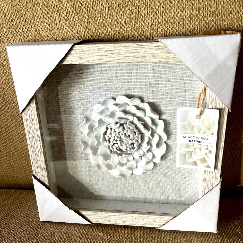 NIP Shadow Box Nature White Wooden Framed Ceramic White Floral Shadowbox